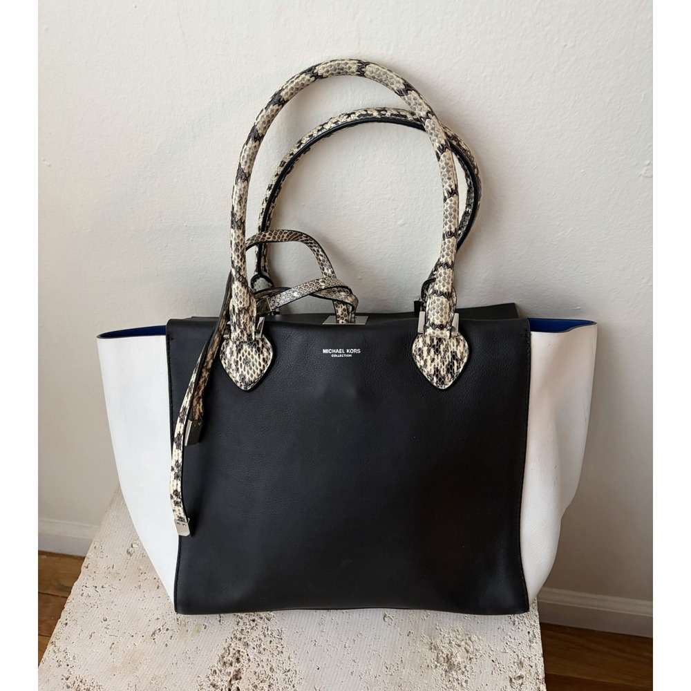 Michael Kors Collection Black & White Leather Bag With Snakeskin Handles Blue